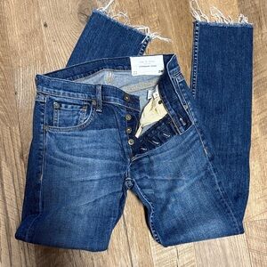 rag & bone Frayed Hem Straight Leg Jeans in Dark Blue